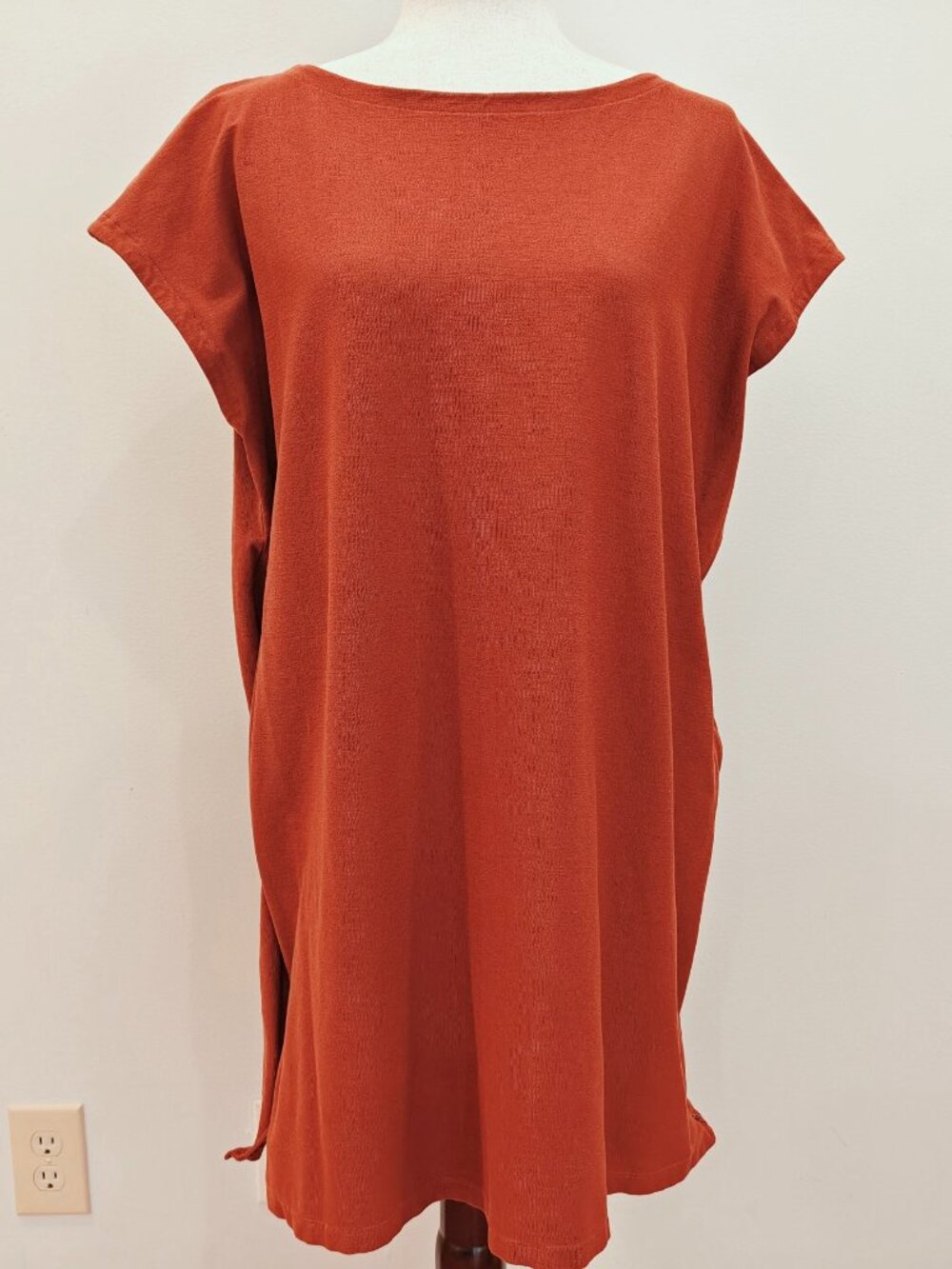 Eileen Fisher Shift Dress Women Large Rust Stretch Crepe Viscose Zip Side Slits
